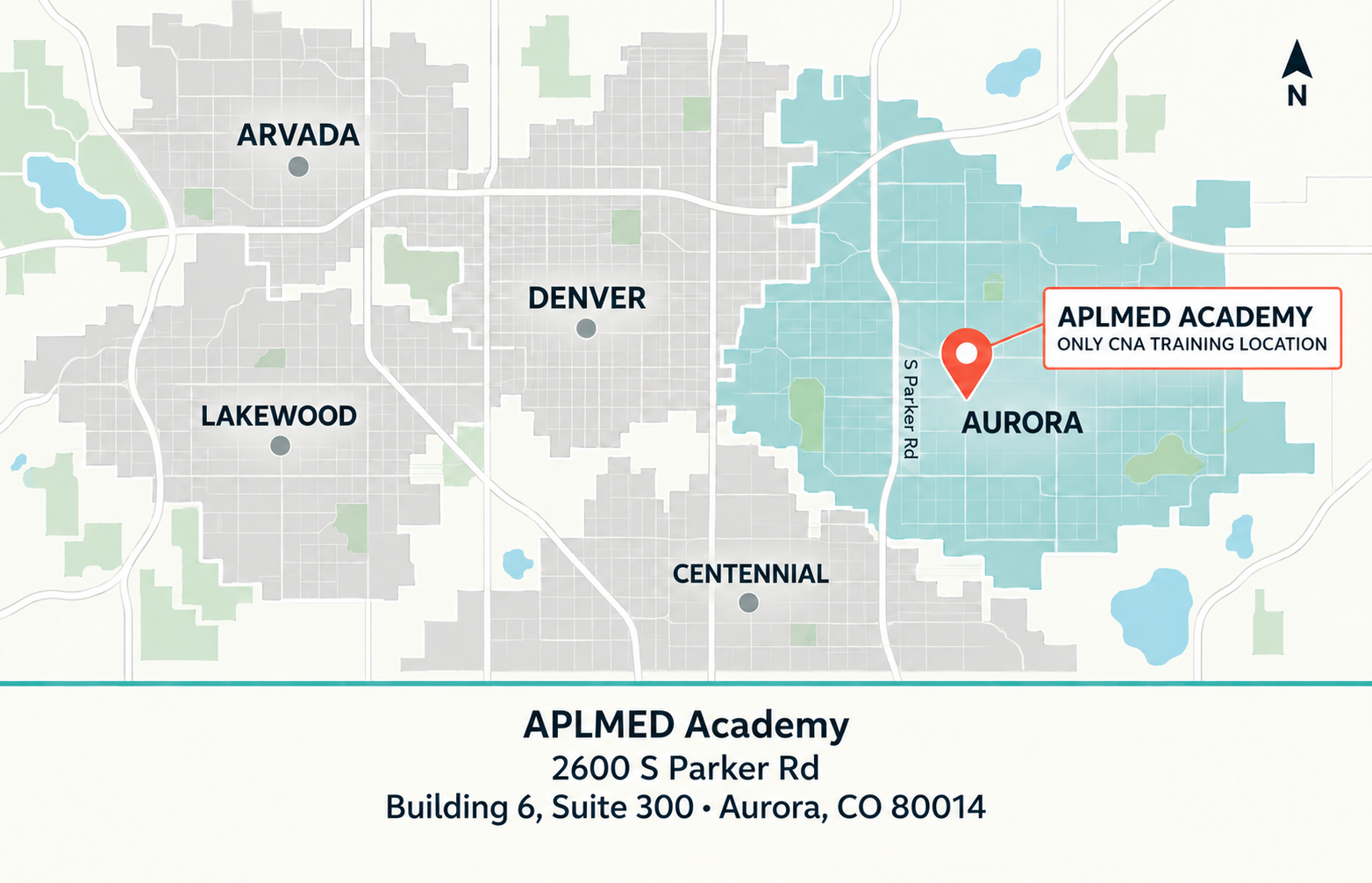 Schematic city areas with the only APLMED CNA campus highlighted in Aurora. Neighboring cities are reference areas, not campuses. Not to scale.